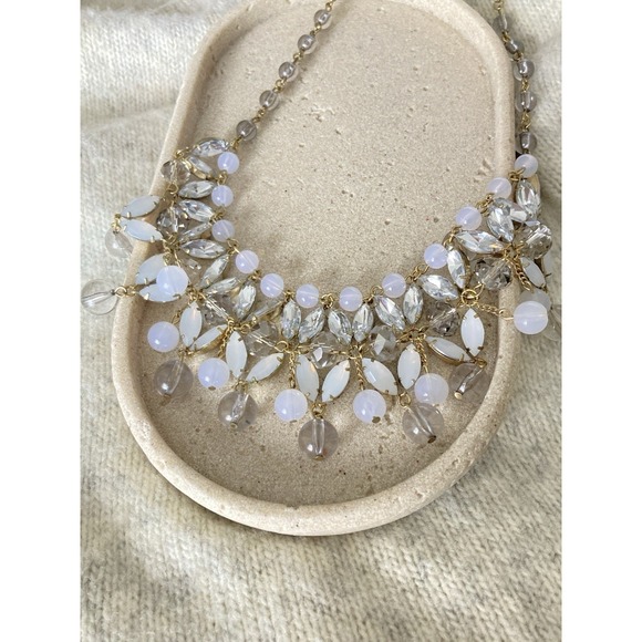 The Unbranded Brand Jewelry - Gold Tone Statement Bib Necklace Rhinestone White Faux Opal Bead Dangle Collar